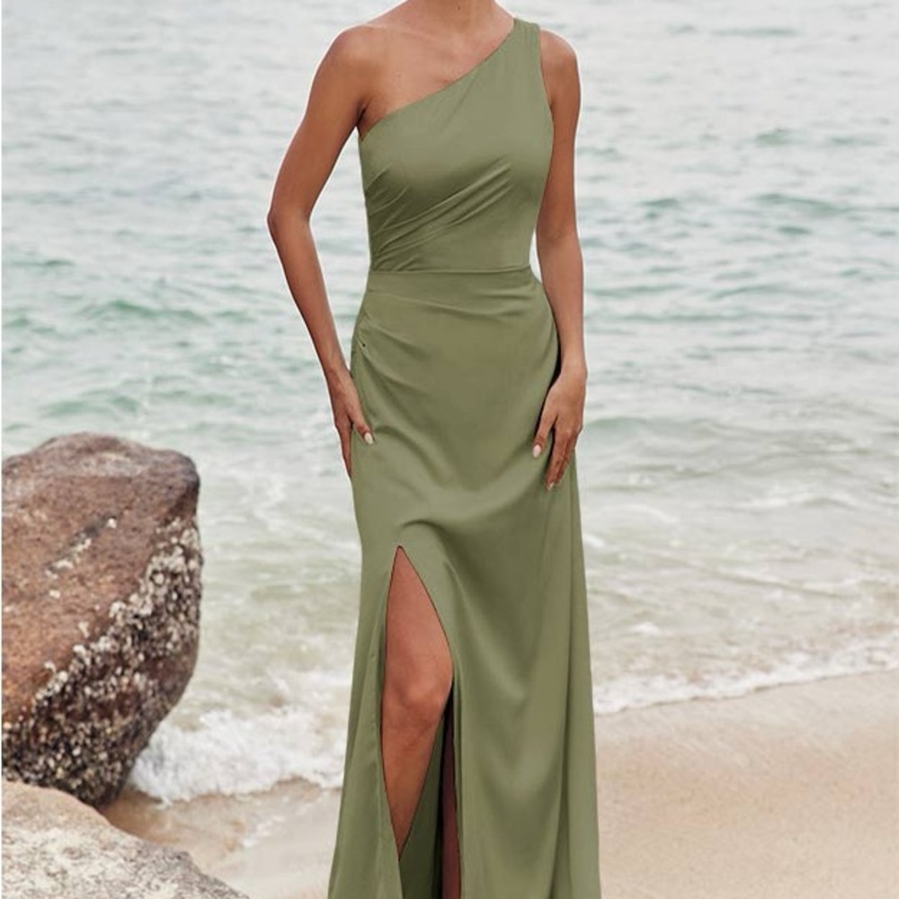 Stacees One-Shoulder Slit Bridesmaids Dress - Olive, Size 4